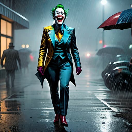  American style (modern) comic about jocker , digital color comicbook style, The woman, laughing uncontrollably, continues walking in the rain.. hyperrealistic, full body, detailed clothing, highly detailed, cinematic lighting, stunningly beautiful, intricate, sharp focus, f/1. 8, 85mm, (centered image composition), (professionally color graded), ((bright soft diffused light)), volumetric fog, trending on instagram, trending on tumblr, HDR 4K, 8K