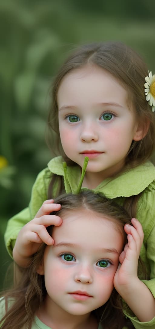  little girl with a naturally beautiful face, green and flower background