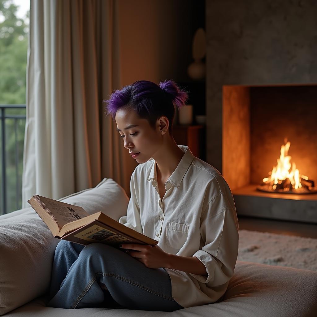  capture an editorial photography session featuring an asian adult female, aged between 20 29, with a unique purple buzzed side hairstyle. the setting is a cozy living room with a fireplace, styled in japanese design emphasizing simplicity, minimalism, and harmony with nature. she is reading, inspired by ad españa, a magazine known for its exquisite design coverage. the shot is taken from a dutch angle, adding a creative perspective, during the blue hour for soft lighting effects. the scene includes terra cotta ceramics and abstract expressions decorations, underlining a minimalist aesthetic with fractal patterns in architecture and furniture, blending modernity with intricate designs.