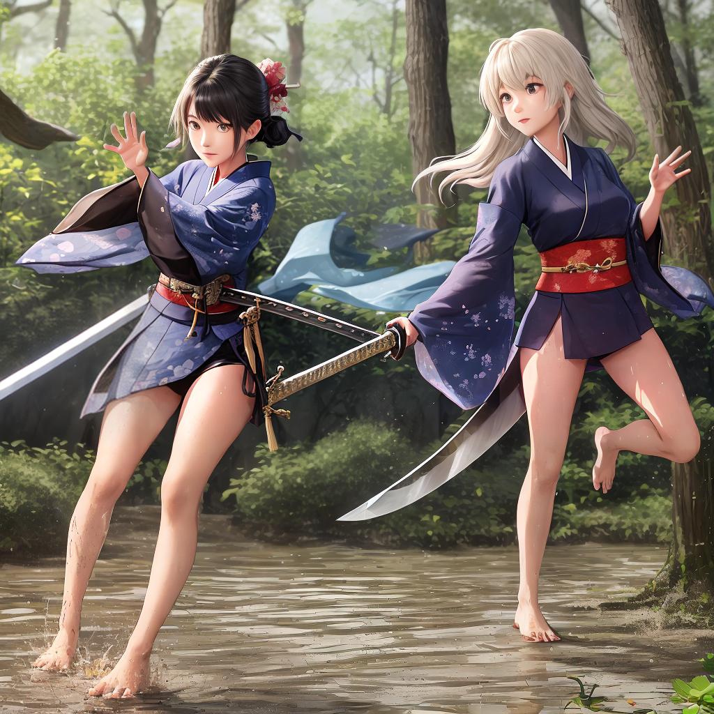  Night, a girl in kimono is practicing her sword barefoot in the mud. Her expression is very firm. And she waves her sword and makes chopping movements