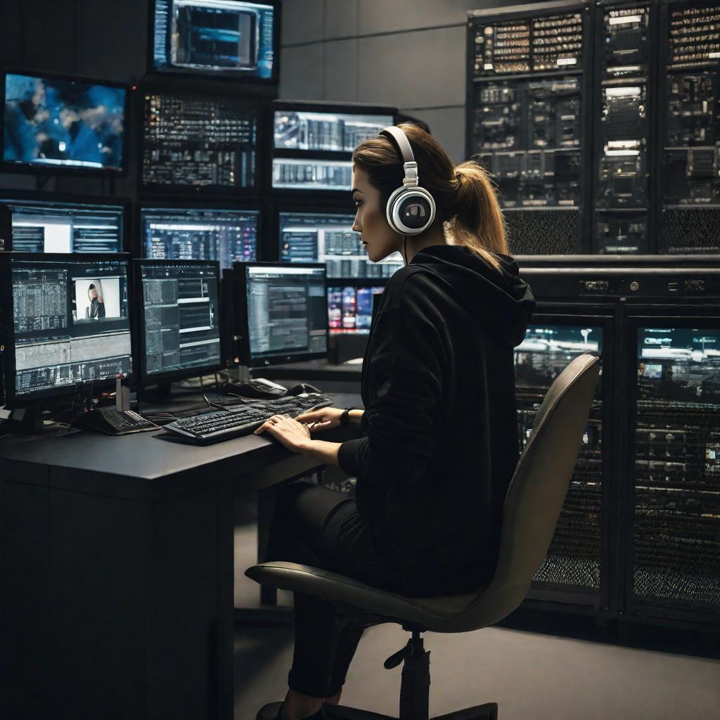  A girl in headphones, who sits with her back to the viewer, dressed in a black sweatshirt and cap, holds her chin with her hand and looks at the computers, CCTV room, cinematic style, faces de hyperrealistic, full body, detailed clothing, highly detailed, cinematic lighting, stunningly beautiful, intricate, sharp focus, f/1. 8, 85mm, (centered image composition), (professionally color graded), ((bright soft diffused light)), volumetric fog, trending on instagram, trending on tumblr, HDR 4K, 8K