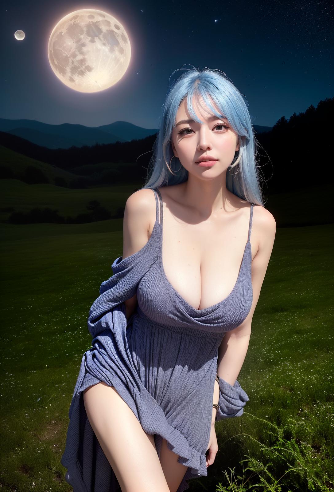  Highest quality, 4K, high resolution, realistic, night sky, moon, star, beautiful woman, full time smile, big eyes, plump breasts, narrow waist, outstanding style, narrow ankle, wide landscape photo , Light blue hair, (seen from below, the sky is above, and the open field is below), (full moon: 1.2), (Meteor: 0.9), (Meteor: 0.9), (Meteor: 0.9) Nebula: 1.3), distant mountains, trees destroy art, (warm light: 1.2), (fireflies: 1.2), Light, purple and orange, complex details, volumetric lighting break (masterpiece: 1.2), (Maximum quality), 4K, super detail, (dynamic configuration: 1.4), rich colors, (rainbow color: 1.2), (shine, lighting with atmosphere), dreamy, magic, (per person : 1.2), (Masterpiece, BestQuality:1.3), (ultra detailed:1.2)