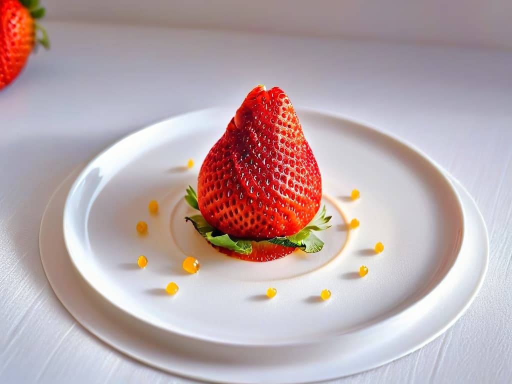  A closeup, ultradetailed image of a ripe, fresh strawberry sitting on a sleek, modern white plate. The strawberry is perfectly positioned to showcase its vibrant red color, dewy texture, and tiny seeds. The plate is set against a soft, blurred background to emphasize the natural beauty and simplicity of the fruit. hyperrealistic, full body, detailed clothing, highly detailed, cinematic lighting, stunningly beautiful, intricate, sharp focus, f/1. 8, 85mm, (centered image composition), (professionally color graded), ((bright soft diffused light)), volumetric fog, trending on instagram, trending on tumblr, HDR 4K, 8K