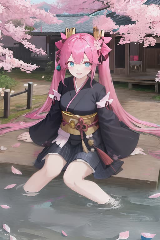  Girls, smiles, pink hair, twin tails, blue eyes, Japanese style, cherry blossoms, petals, adults, courtesan, one person