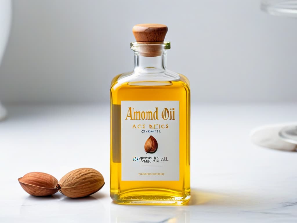  An ultradetailed, minimalist image of a sleek glass bottle filled with golden almond oil, placed on a marble countertop under soft, natural light. The label on the bottle is elegantly designed with intricate gold lettering that reads "Aceite de Almendras" in a stylish font. The background is softly blurred, highlighting the simplicity and sophistication of the bottle and emphasizing the luxurious and delicate nature of almond oil. hyperrealistic, full body, detailed clothing, highly detailed, cinematic lighting, stunningly beautiful, intricate, sharp focus, f/1. 8, 85mm, (centered image composition), (professionally color graded), ((bright soft diffused light)), volumetric fog, trending on instagram, trending on tumblr, HDR 4K, 8K