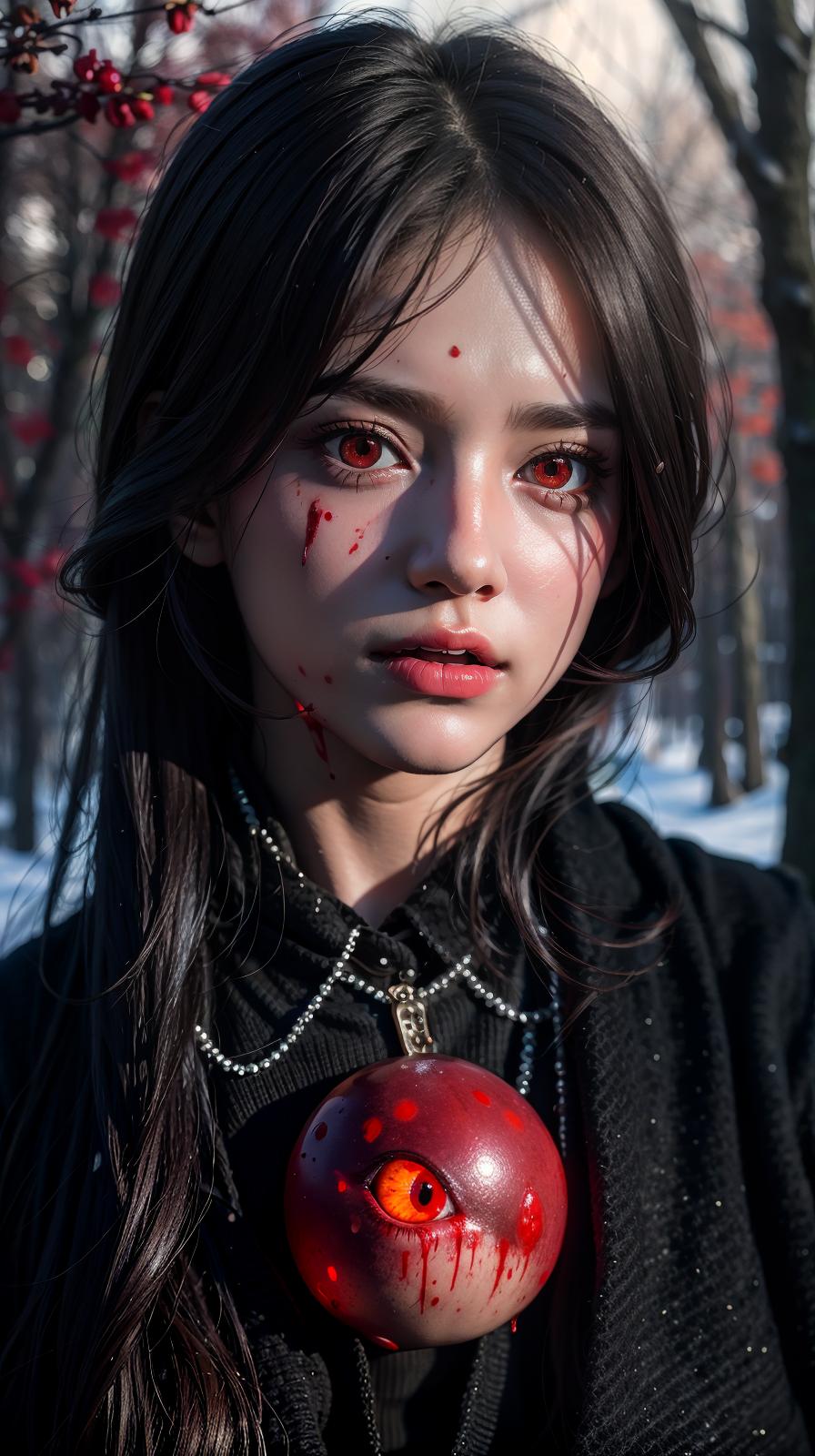  Best quality, masterpiece, ultra high res, (photorealistic:1.4), raw photo, (realistic skin), Crow, Masterpiece, Blood, Bloody Body, Red Eyes, Forest, Blood Moon, Glowing Eyes, Horror (Theme), Glowing Eyes, Horror (Theme), deep shadow, dramatic lighting