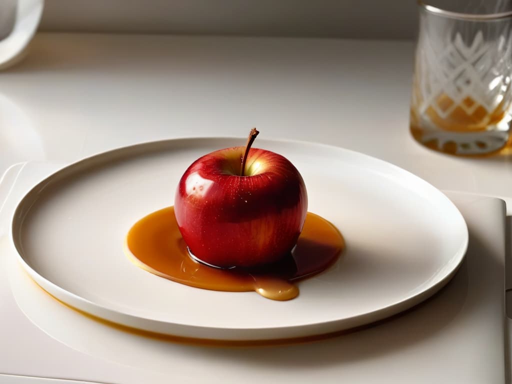  An ultradetailed, minimalistic image of a shiny red apple coated in a perfect layer of golden caramel sauce, sitting on a sleek, modern white plate with a subtle reflection underneath. The apple's surface glistens under soft, natural lighting, highlighting every tiny droplet of caramel with stunning clarity. The background is a simple, clean backdrop that enhances the elegance of the caramelized apple, creating a visually striking and appetizing composition. hyperrealistic, full body, detailed clothing, highly detailed, cinematic lighting, stunningly beautiful, intricate, sharp focus, f/1. 8, 85mm, (centered image composition), (professionally color graded), ((bright soft diffused light)), volumetric fog, trending on instagram, trending on tumblr, HDR 4K, 8K