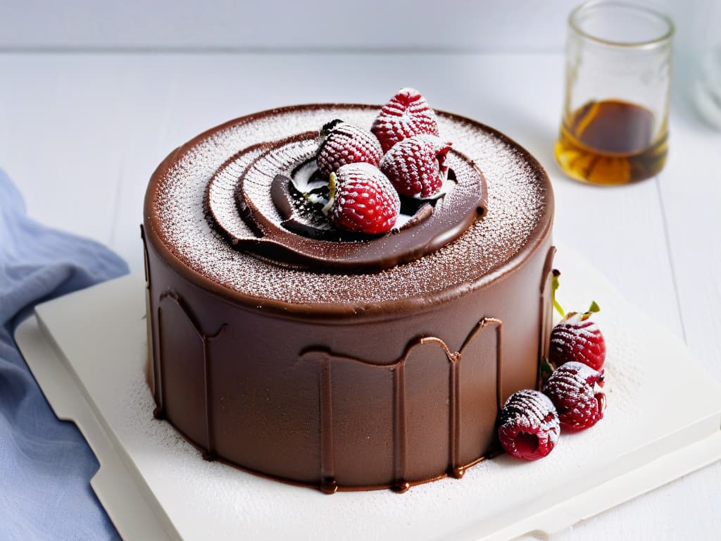  A closeup, ultradetailed image of a decadent vegan glutenfree chocolate cake topped with fresh raspberries and a dusting of cocoa powder on a pristine white minimalist plate, showcasing the intricate layers and textures of the moist sponge and rich ganache. The raspberries glisten with freshness, and the cocoa powder forms a delicate pattern, creating a visually stunning and mouthwatering focal point that embodies the essence of delicious vegan glutenfree baking. hyperrealistic, full body, detailed clothing, highly detailed, cinematic lighting, stunningly beautiful, intricate, sharp focus, f/1. 8, 85mm, (centered image composition), (professionally color graded), ((bright soft diffused light)), volumetric fog, trending on instagram, trending on tumblr, HDR 4K, 8K