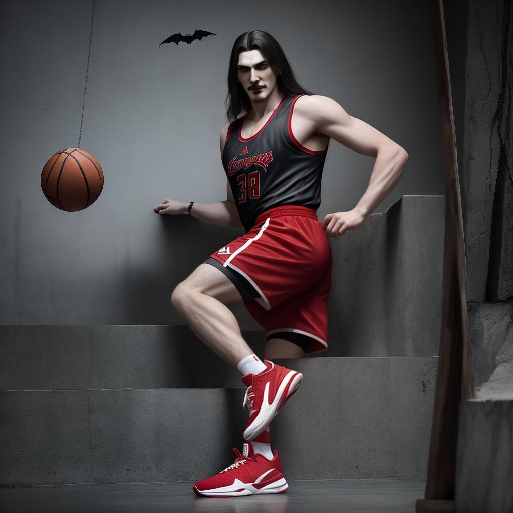  masterpiece, best quality, Vampire Vlad Dracula Țepeș from the series Castlevania, Dressed in a basketball jersey, tank top style top jersey, above knee bottom jersey, the jersey is for the team known as the bats, add bats to the jersey design. Wearing red sneakers on feet. Make vampire Vlad Dracula Țepeș a basketball player. Single person in photo. Pose with ball held overhead.Do not add more than one person.