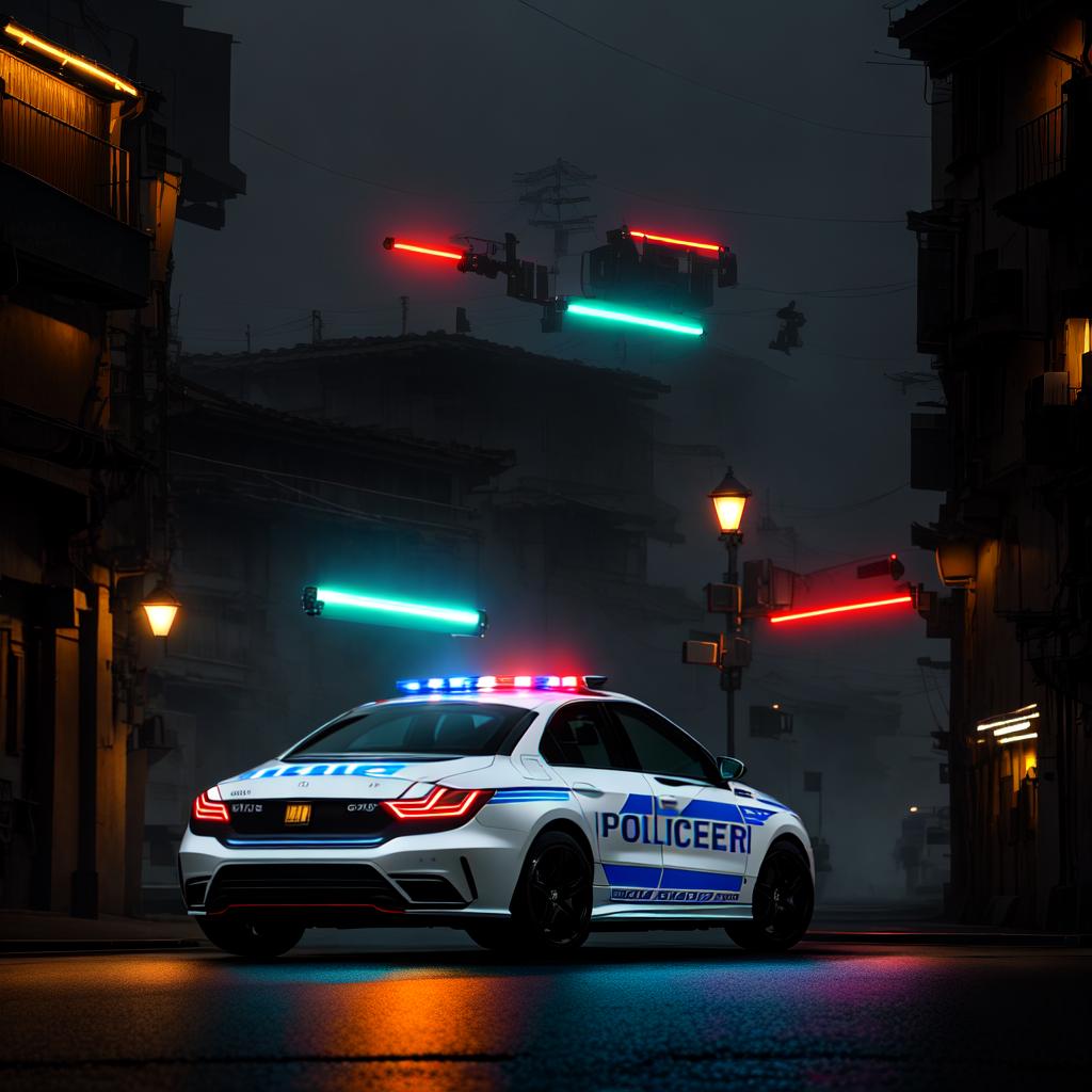  A police car with the lights flashing hyperrealistic, full body, detailed clothing, highly detailed, cinematic lighting, stunningly beautiful, intricate, sharp focus, f/1. 8, 85mm, (centered image composition), (professionally color graded), ((bright soft diffused light)), volumetric fog, trending on instagram, trending on tumblr, HDR 4K, 8K