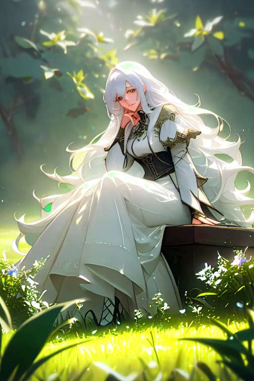  (masterpiece, best quality),1girl with long white hair sitting in a field of green plants and flowers, her hand under her chin, warm lighting, white dress, blurry foreground hyperrealistic, full body, detailed clothing, highly detailed, cinematic lighting, stunningly beautiful, intricate, sharp focus, f/1. 8, 85mm, (centered image composition), (professionally color graded), ((bright soft diffused light)), volumetric fog, trending on instagram, trending on tumblr, HDR 4K, 8K