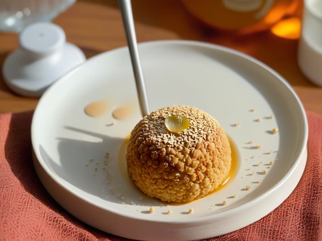  An image of a perfectly golden sesame ball, freshly fried, resting on a delicate white porcelain plate. The sesame seeds coating the ball glisten in the light, offering a textural contrast to the smooth, crispy exterior. A subtle wisp of steam rises from the warm treat, hinting at its freshly cooked perfection. The background is a soft focus of a traditional kitchen setting, with hints of wooden utensils and a vintage teapot, adding a touch of warmth and authenticity to the scene. hyperrealistic, full body, detailed clothing, highly detailed, cinematic lighting, stunningly beautiful, intricate, sharp focus, f/1. 8, 85mm, (centered image composition), (professionally color graded), ((bright soft diffused light)), volumetric fog, trending on instagram, trending on tumblr, HDR 4K, 8K