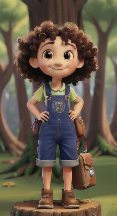  {The tree with a smiling face formed by its bark, looking down at Riley., Riley, a curious with big brown eyes and curly hair, wearing overalls and carrying a small backpack. Their friend, Skye, a bluebird with shiny feathers.