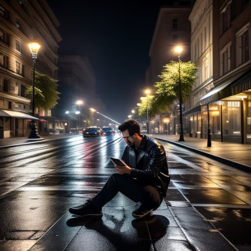  a man reading a book and sitting under the big lamppost with cigarette at night front view hyperrealistic, full body, detailed clothing, highly detailed, cinematic lighting, stunningly beautiful, intricate, sharp focus, f/1. 8, 85mm, (centered image composition), (professionally color graded), ((bright soft diffused light)), volumetric fog, trending on instagram, trending on tumblr, HDR 4K, 8K