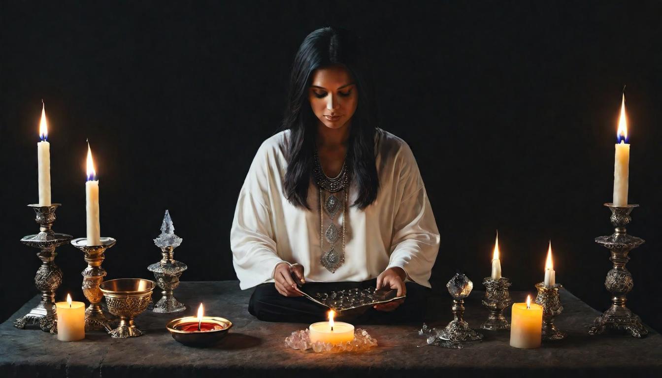  （surrealism)Ritual setup with candles and crystals, person standing with confident posture, soft light casting shadows, sense of preparation and inner strength mystic, intricate details, best quality)