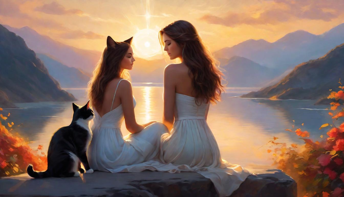  digital painting of Two figures, a human and a cat, sitting side by side, gazing into the horizon, ethereal light casting a warm glow, symbols of divine love and mutual respect, serene companionship, emblematic of a deep bond, peaceful coexistence, heartfelt connection looking at viewer, dynamic pose, (intricate details, masterpiece, best quality)