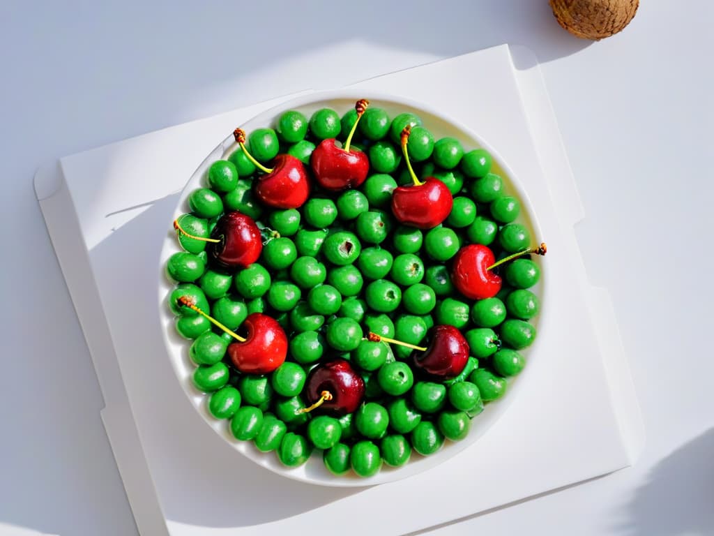  A closeup, ultradetailed image of vibrant red and green candied cherries, perfectly glazed and glistening under soft, natural light. The cherries are neatly arranged in a circular pattern on a sleek, white marble countertop, showcasing their glossy texture and rich colors in exquisite detail. The minimalistic composition focuses solely on the beauty and quality of the frutas confitadas, inviting the viewer to appreciate their gourmet appeal. hyperrealistic, full body, detailed clothing, highly detailed, cinematic lighting, stunningly beautiful, intricate, sharp focus, f/1. 8, 85mm, (centered image composition), (professionally color graded), ((bright soft diffused light)), volumetric fog, trending on instagram, trending on tumblr, HDR 4K, 8K