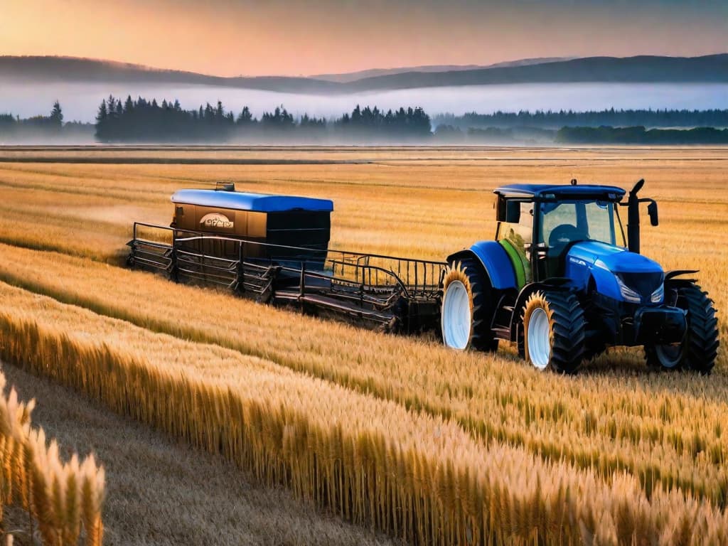  A vast field of golden wheat swaying under a clear blue sky, with a high-tech tractor in the background equipped with GPS and digital monitoring systems, symbolizing modern agricultural investment. digital art, ilustration, no flares, clean hyperrealistic, full body, detailed clothing, highly detailed, cinematic lighting, stunningly beautiful, intricate, sharp focus, f/1. 8, 85mm, (centered image composition), (professionally color graded), ((bright soft diffused light)), volumetric fog, trending on instagram, trending on tumblr, HDR 4K, 8K