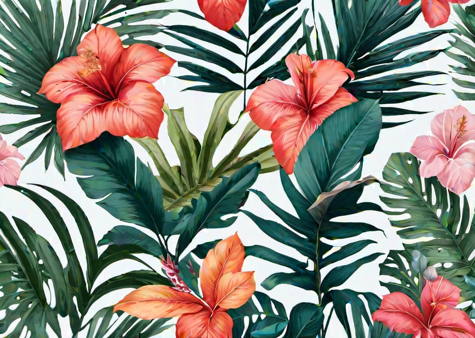  Craft a seamless pattern with tropical leaves, palm fronds, and exotic plants. This sketch drawing design is perfect for fashion fabric, textiles, or wallpaper cover with a summery, island inspired vibe. hyperrealistic, full body, detailed clothing, highly detailed, cinematic lighting, stunningly beautiful, intricate, sharp focus, f/1. 8, 85mm, (centered image composition), (professionally color graded), ((bright soft diffused light)), volumetric fog, trending on instagram, trending on tumblr, HDR 4K, 8K