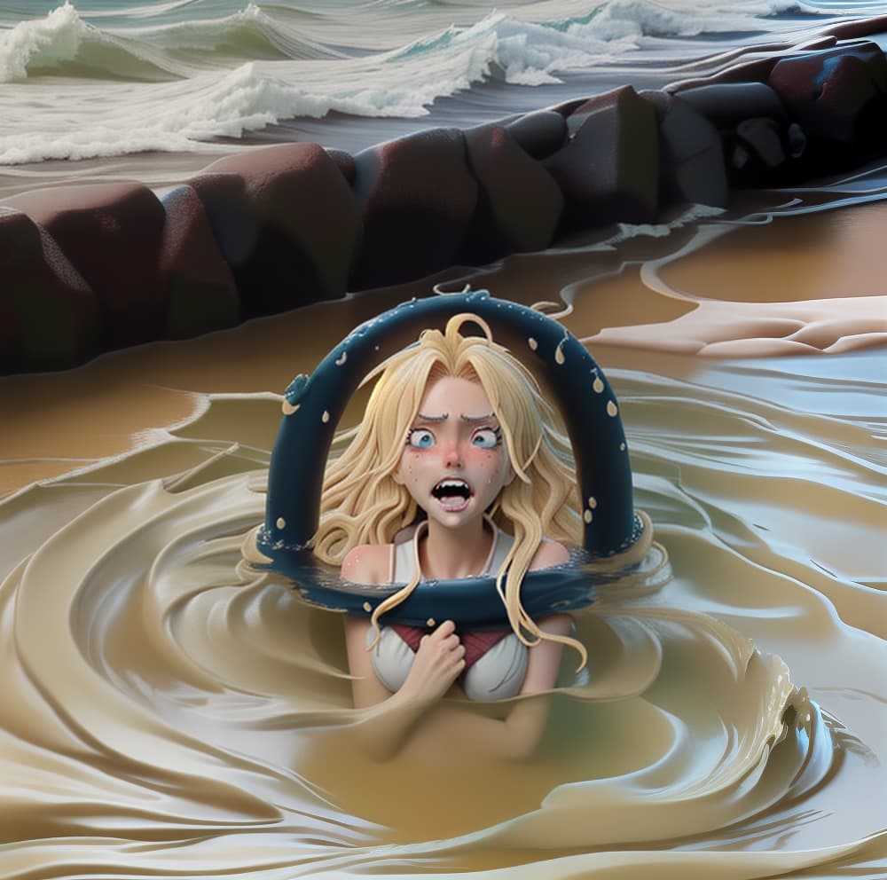  tanned blonde Naruto drowning in the sea a lot of water waves and splashes around her she's screaming and panic, the water is flowing into her mouth and nose