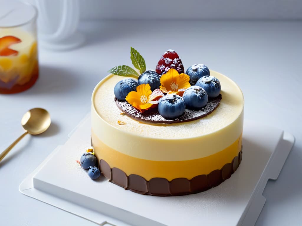  An ultradetailed image of a stunning layered dessert in a sleek, transparent glass cup, showcasing intricate patterns of colorful fruit compote, velvety chocolate mousse, and delicate edible flowers delicately arranged on top. The dessert is elegantly presented on a marble countertop, with soft natural light filtering in, creating a play of shadows that enhance the textures and colors of the dessert. The focus is on the exquisite details and artful composition of the dessert, highlighting the precision and creativity involved in creating postres en vaso masterpieces. hyperrealistic, full body, detailed clothing, highly detailed, cinematic lighting, stunningly beautiful, intricate, sharp focus, f/1. 8, 85mm, (centered image composition), (professionally color graded), ((bright soft diffused light)), volumetric fog, trending on instagram, trending on tumblr, HDR 4K, 8K