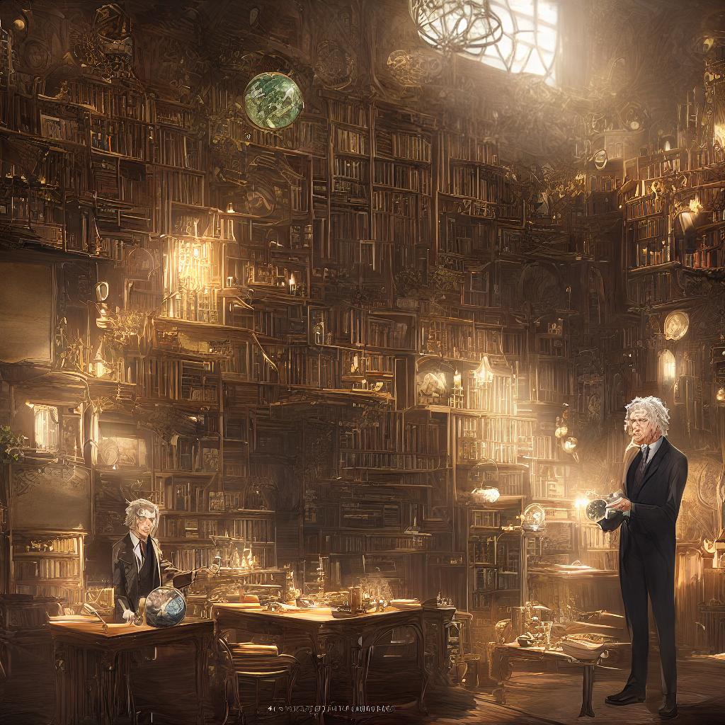 ((masterpiece)), (((best quality))), 8k, high detailed, ultra-detailed. Albert Einstein talking, a man with disheveled gray hair and a thick mustache (standing next to a chalkboard covered in equations), wearing a brown tweed suit and holding a pipe, surrounded by books and scientific instruments (such as a microscope and a globe), in a dimly lit study with rays of sunlight streaming through the window, creating a dramatic contrast of light and shadow. hyperrealistic, full body, detailed clothing, highly detailed, cinematic lighting, stunningly beautiful, intricate, sharp focus, f/1. 8, 85mm, (centered image composition), (professionally color graded), ((bright soft diffused light)), volumetric fog, trending on instagram, trending on tumblr, HDR 4K, 8K