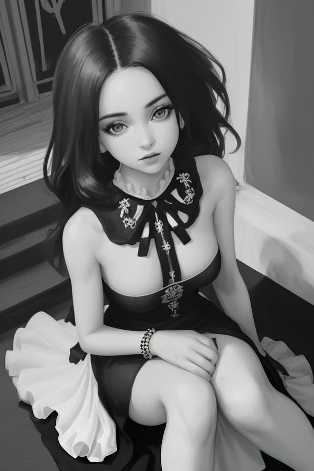  Black and white monochrome ((wearing a black dress)) (Black and White Monochrome Illustration) (Cool Beautiful Girl) IR, Cool, Nice Body, Sitting on Stair (Close Up of Upper Body) High Quality, 8k, 16k