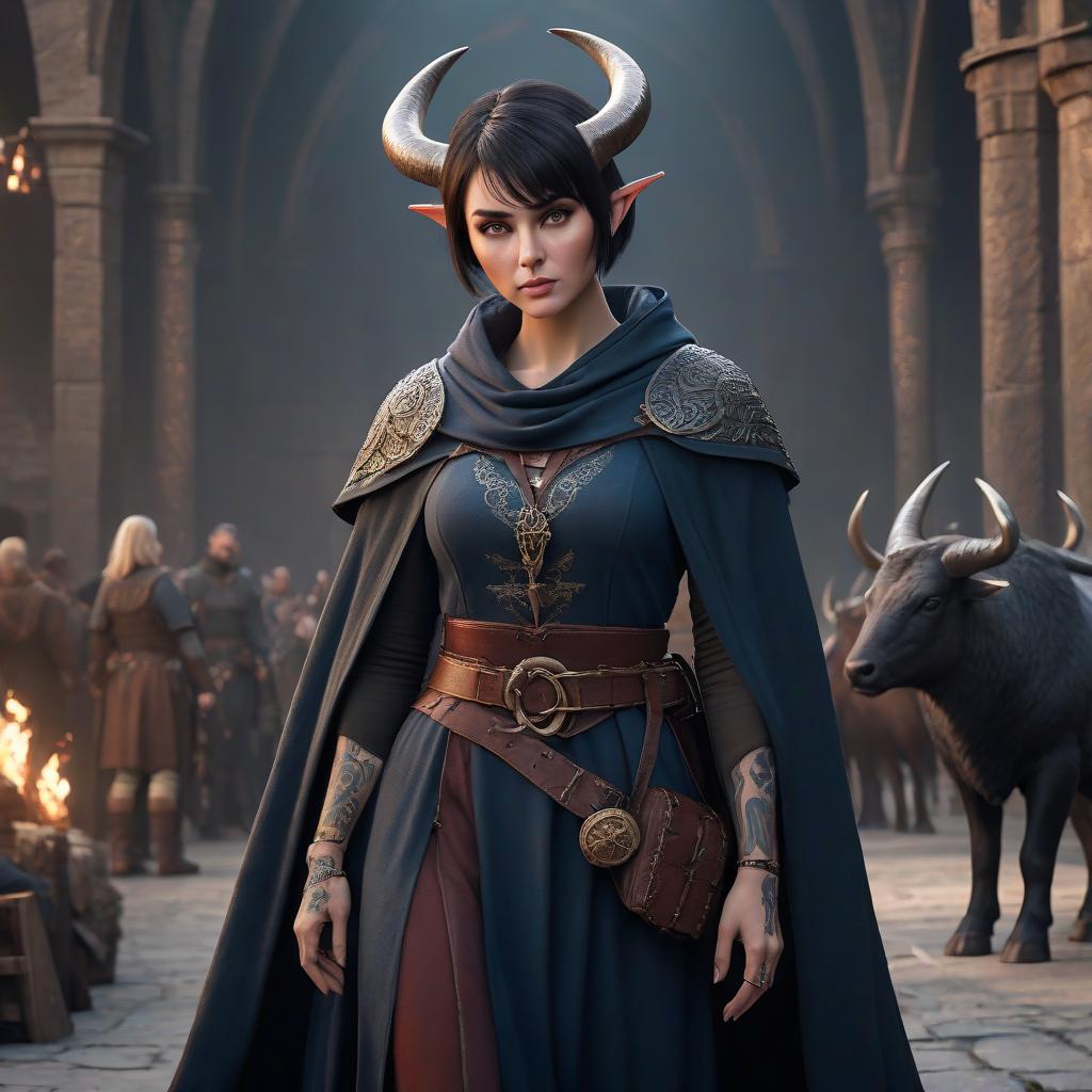  A Tifling woman, horns, medieval clothing, belts, cloak, dark short hair to the shoulders, tattoos with runes, high level of detail. hyperrealistic, full body, detailed clothing, highly detailed, cinematic lighting, stunningly beautiful, intricate, sharp focus, f/1. 8, 85mm, (centered image composition), (professionally color graded), ((bright soft diffused light)), volumetric fog, trending on instagram, trending on tumblr, HDR 4K, 8K