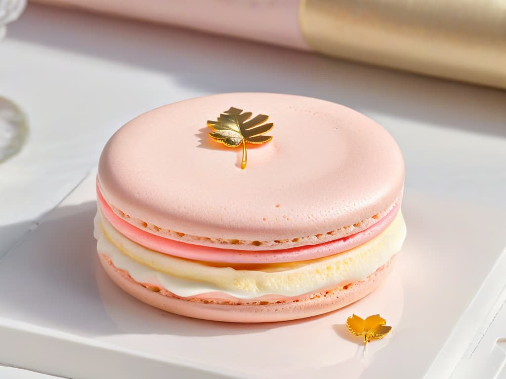  A closeup, ultradetailed image of a pristine, handcrafted macaron with a perfectly smooth and shiny surface, showcasing a delicate pastel pink hue and topped with a single edible gold leaf. The intricate details of the light, airy texture are visible, with tiny bubbles captured in the meringue, reflecting a sophisticated and elegant dessert suitable for a highend bakery or gourmet patisserie. hyperrealistic, full body, detailed clothing, highly detailed, cinematic lighting, stunningly beautiful, intricate, sharp focus, f/1. 8, 85mm, (centered image composition), (professionally color graded), ((bright soft diffused light)), volumetric fog, trending on instagram, trending on tumblr, HDR 4K, 8K