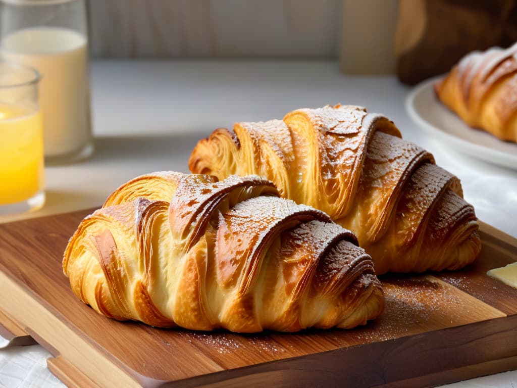  A closeup, photorealistic image of a perfectly flaky and golden croissant, freshly baked and placed on a rustic wooden board. The croissant is delicately sprinkled with powdered sugar, and you can see the layers of buttery pastry glistening in the light, evoking a sense of warmth and comfort. The background shows a cozy kitchen setting with soft natural light streaming in, enhancing the textures and colors of the pastry. hyperrealistic, full body, detailed clothing, highly detailed, cinematic lighting, stunningly beautiful, intricate, sharp focus, f/1. 8, 85mm, (centered image composition), (professionally color graded), ((bright soft diffused light)), volumetric fog, trending on instagram, trending on tumblr, HDR 4K, 8K