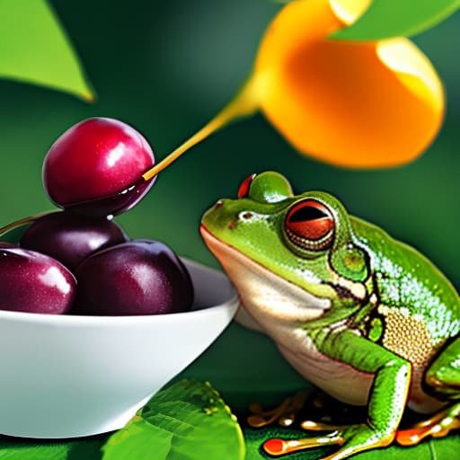  a frog eating a plum on top of a castle