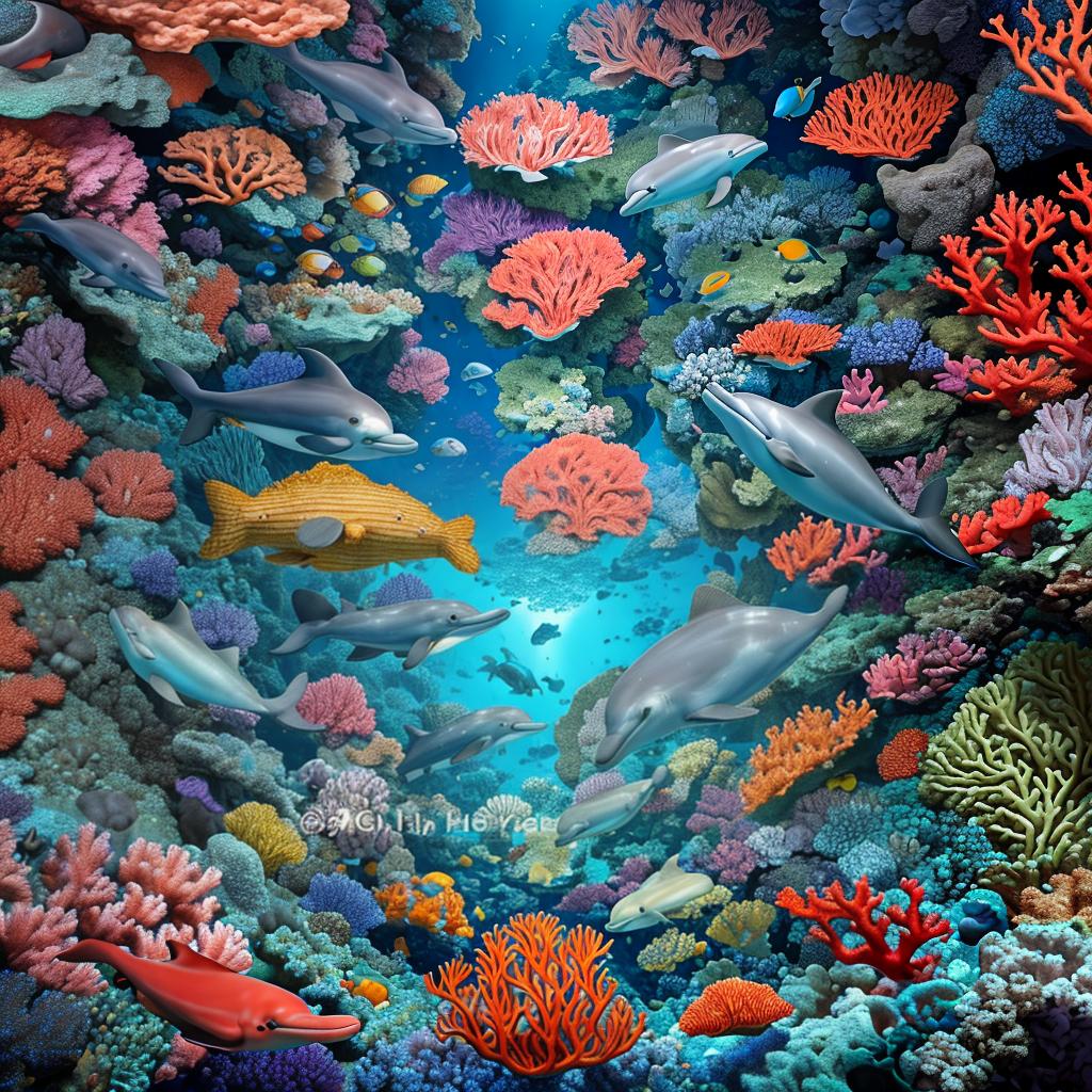  masterpiece, best quality, beautiful deep sea full of corals, diverse marine life and fascinating underwater landscapes with corals, appendages, small fish, anemones, dolphins, various algae, caves, colorful, 8k resolution and intricate detail