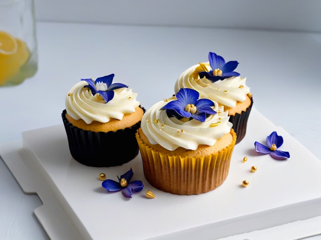  An ultradetailed closeup image of a beautifully decorated ketofriendly cupcake, showcasing intricate piping work on top of a moist almond flour base, with a glossy sugarfree frosting decorated with delicate edible flowers and gold leaf accents. The cupcake is placed on a sleek, modern white plate, set against a softfocus background to emphasize the meticulous details of the dessert. hyperrealistic, full body, detailed clothing, highly detailed, cinematic lighting, stunningly beautiful, intricate, sharp focus, f/1. 8, 85mm, (centered image composition), (professionally color graded), ((bright soft diffused light)), volumetric fog, trending on instagram, trending on tumblr, HDR 4K, 8K