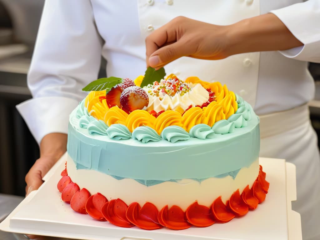  An ultradetailed closeup image of a hand meticulously decorating a colorful and intricately designed cake with delicate piping, showcasing precision and artistry in pastry decoration. The hand belongs to a diverse chef wearing a crisp white uniform, with soft natural lighting highlighting the vibrant colors of the icing and the textures of the cake layers. The background is a soft focus, minimalist kitchen setting, emphasizing the focus on the chef's skilled hands and the masterpiece being created. hyperrealistic, full body, detailed clothing, highly detailed, cinematic lighting, stunningly beautiful, intricate, sharp focus, f/1. 8, 85mm, (centered image composition), (professionally color graded), ((bright soft diffused light)), volumetric fog, trending on instagram, trending on tumblr, HDR 4K, 8K