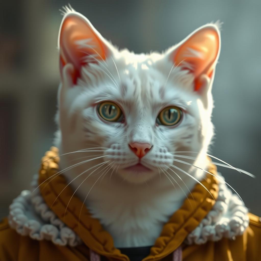  a white cat hyperrealistic, full body, detailed clothing, highly detailed, cinematic lighting, stunningly beautiful, intricate, sharp focus, f/1. 8, 85mm, (centered image composition), (professionally color graded), ((bright soft diffused light)), volumetric fog, trending on instagram, trending on tumblr, HDR 4K, 8K