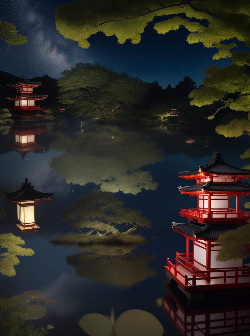  masterpiece, best quality, (Fidelity: 1.4), Best Quality, Masterpiece, Ultra High Resolution, 8k resolution, A night view inspired by Japanese art, featuring a garden illuminated by paper lanterns and a wooden bridge spanning a tranquil lake, by the lakeside, there is a small Zen temple. The water reflects the starry sky.