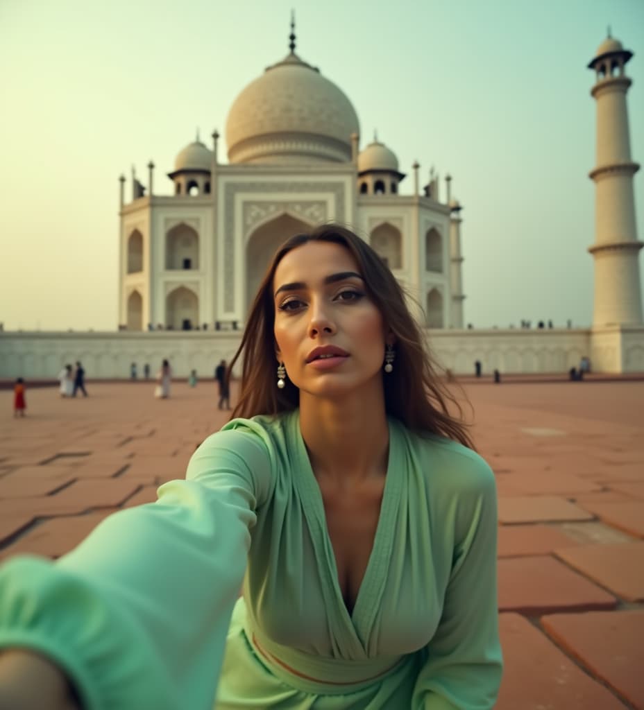  good quality, high quality, a low angle shot. an indian woman wearing a light green kameez is lowered and looking towards the camera, creating a dynamic and immersive perspective. taj mahal with dusky atmosphere in the background. the focus is on the woman, with a slight blur on the background to enhance depth. the lighting is natural, casting soft shadows and enhancing the serene, airy mood. a close up view emphasizes her movement and expression, conveying a sense of freedom and elegance.