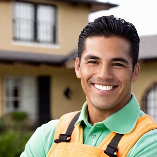  Headhsot photo of a male gardener professional smiling, house in the background, Hispanic, black eyes, mid-day sun light