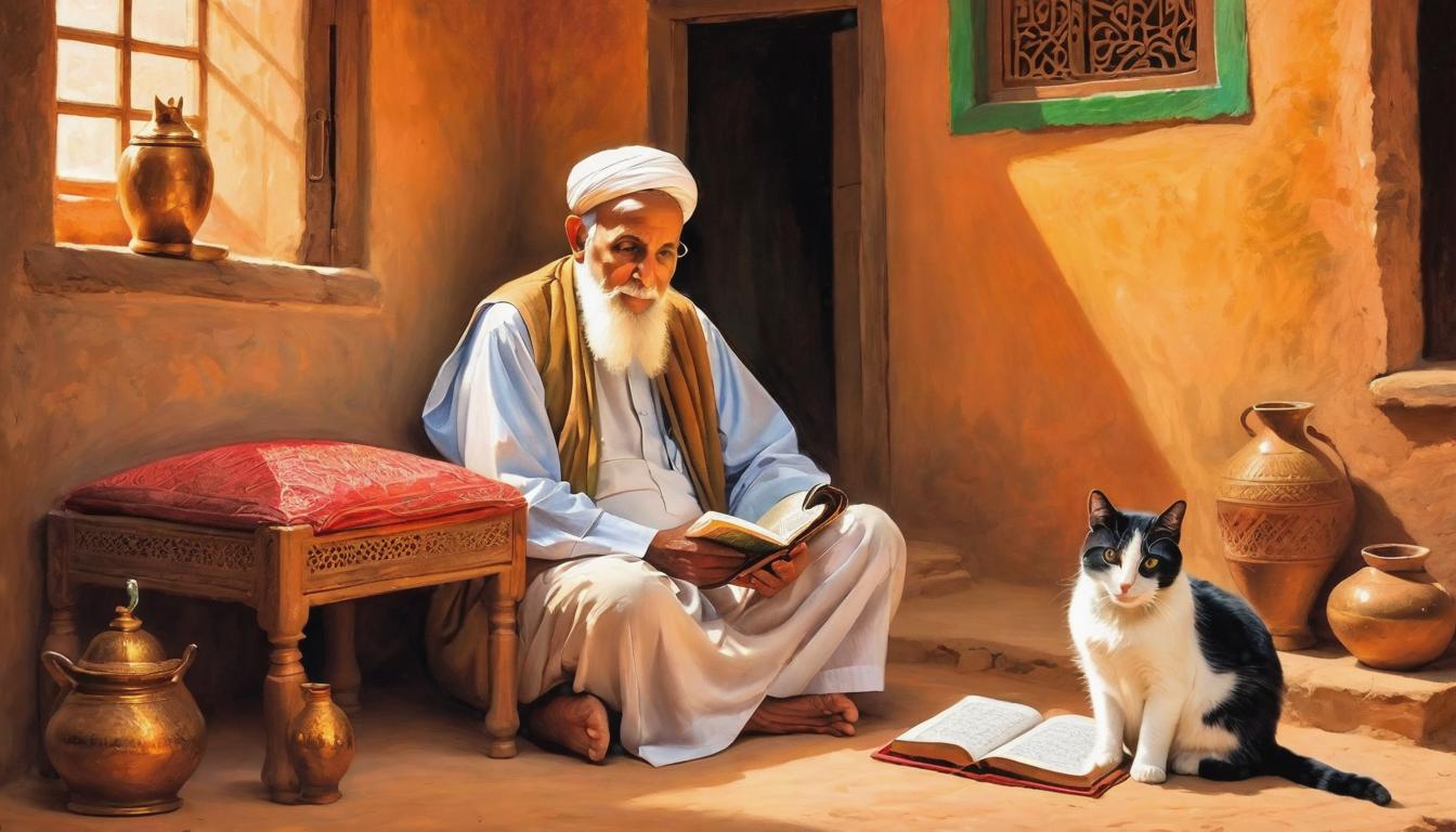  OIL PASTEL+++ Inside a humble village home, an elderly Imam sits in quiet reflection, his faithful cat nestled beside him as he recites verses from the Quran, finding solace in the company of his cherished companion.