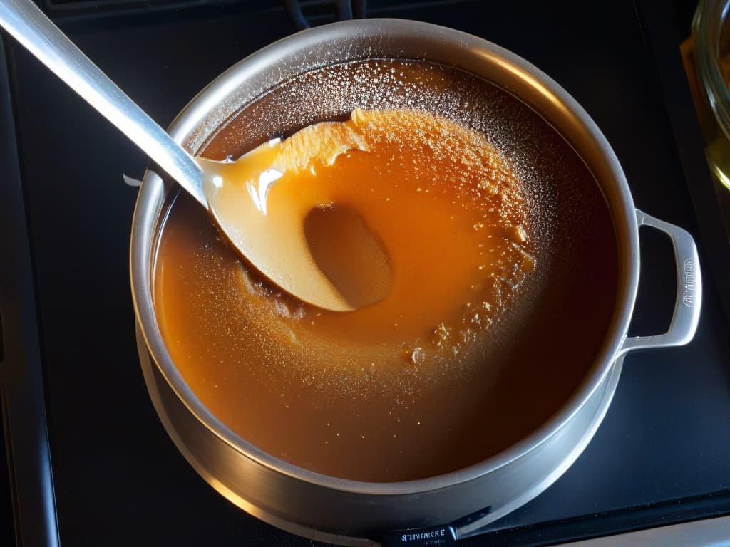  A closeup, ultradetailed image of a delicate sugar crystal forming on the surface of a simmering caramel sauce in a stainless steel saucepan. The crystal reflects the warm glow of the stovetop flames beneath, highlighting the intricate patterns and textures of the sugar as it transforms under the heat. The caramel sauce bubbles gently around the edges, creating a mesmerizing contrast between the glossy, amber liquid and the crystallized sugar structure. This minimalist yet captivating image captures the precise science and artistry behind perfecting desserts through controlled caramelization processes. hyperrealistic, full body, detailed clothing, highly detailed, cinematic lighting, stunningly beautiful, intricate, sharp focus, f/1. 8, 85mm, (centered image composition), (professionally color graded), ((bright soft diffused light)), volumetric fog, trending on instagram, trending on tumblr, HDR 4K, 8K