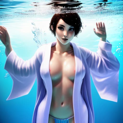  butiful girl under water with short hair no reaction wearing a robe without anything else