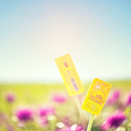  arranged amidst a field of blooming flowers, petals scattered around, against a backdrop of a clear blue sky with fluffy white clouds, vibrant, refreshing, sunny day, high contrast, sharp focus, vivid colors
