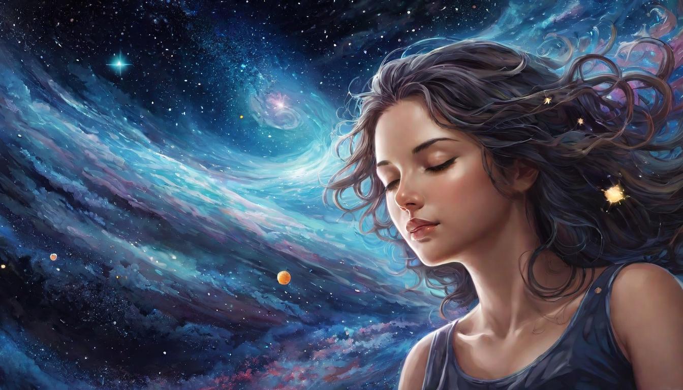  digital illustration, A serene face amidst swirling galaxy, thoughts as stars giving birth to emotional currents, introspective, profound, interconnected, looking at viewer, dynamic pose, (intricate details, masterpiece, best quality)