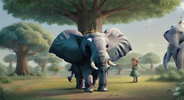  {An elephant standing in a park looking at a giant tree with a fairy on top., The elephant is big and gray with long tusks. The fairy is small with wings and a sparkly dress.