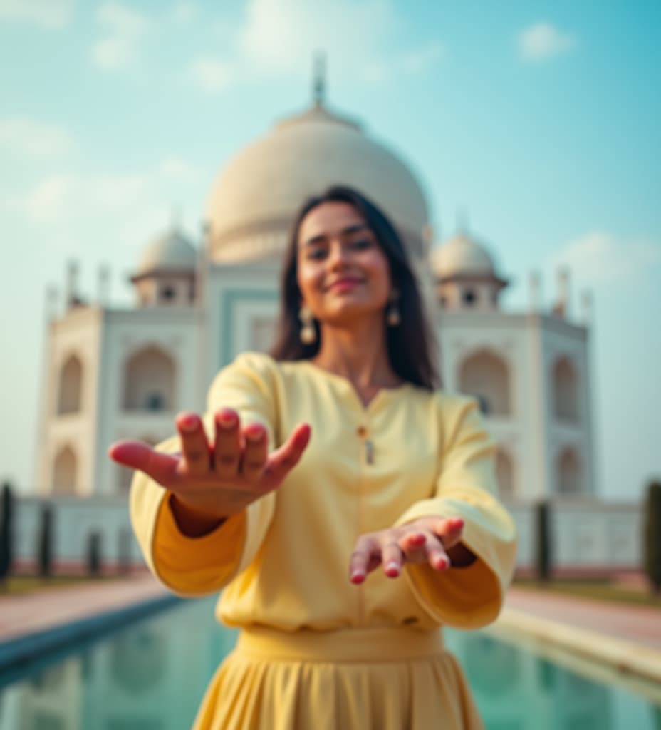  good quality, high quality, an indian woman wearing a light yellow, long sleeved outfit poses gracefully against taj mahal with dusky clouds background. her hands are extended towards the camera, creating a dynamic and immersive perspective. the focus is on the woman, with a slight blur on her hands to enhance depth. the lighting is natural, casting soft shadows and enhancing the serene, airy mood. the composition features a low angle shot that emphasizes her movement and expression, conveying a sense of freedom and elegance. the dominant color scheme is various shades of blue, blending harmoniously with the sky.