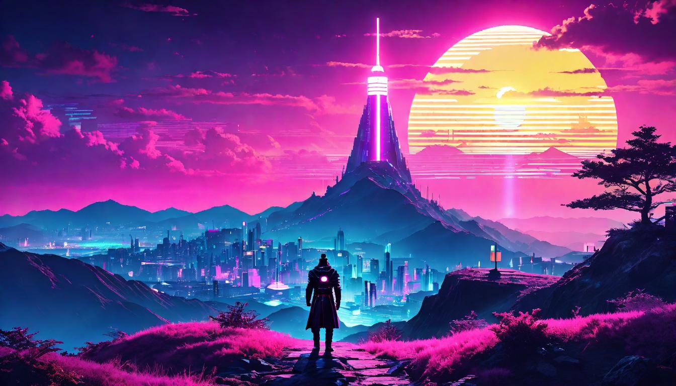  vaporwave,cyberpunk game style A beacon atop a hill, casting light across a darkened landscape, guiding the way forward, symbol of leadership and moral clarity, radiance in leadership, a beacon against the night, the solitary challenge of elevationeon, dystopian, futuristic, digital, vibrant, detailed, high contrast, reminiscent of cyberpunk genre video games,retro aesthetic, cyberpunk, vibrant, neon colors, vintage 80s and 90s style, highly detailed