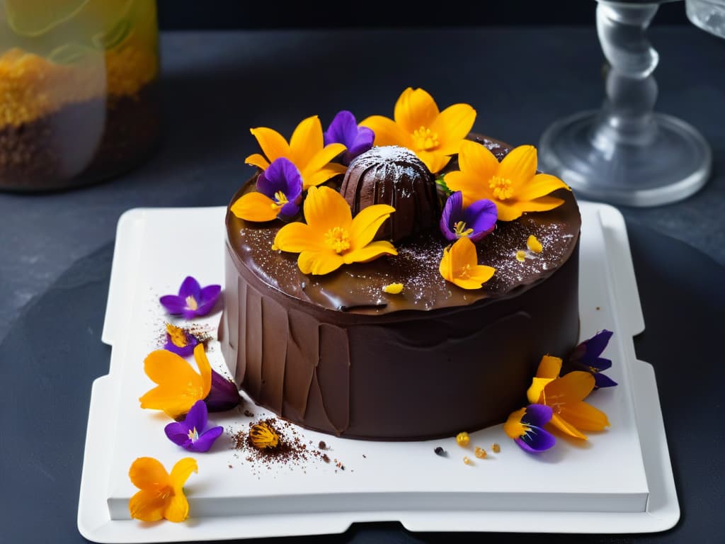  An ultradetailed closeup image of a decadent chocolate cake topped with vibrant edible flowers and a sprinkle of exotic spices like cardamom and saffron, set on a sleek, modern white plate against a black background. The cake is perfectly moist, with layers visible, showcasing a rich chocolate ganache filling and delicate crumb texture. The edible flowers add a pop of color and freshness, while the spices enhance the visual appeal and hint at the exotic flavors awaiting the reader in the fusion dessert recipes. hyperrealistic, full body, detailed clothing, highly detailed, cinematic lighting, stunningly beautiful, intricate, sharp focus, f/1. 8, 85mm, (centered image composition), (professionally color graded), ((bright soft diffused light)), volumetric fog, trending on instagram, trending on tumblr, HDR 4K, 8K