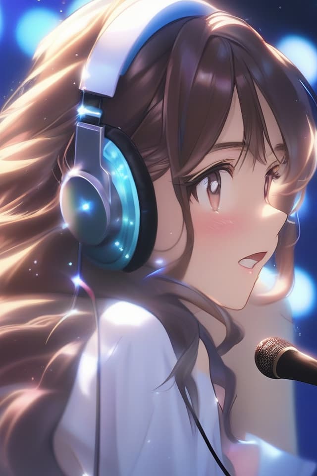  (Close up of the face) (No frame split) Beautiful Girl, Masterpiece, Sparkling Beautiful Hair, Wearing Headphones, Singing, High Quality, HIGH Quality