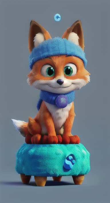  {Error the fox pressing the blue button with his paw, looking puzzled as nothing occurs., Error is a small, bright orange fox with a fluffy tail and big, inquisitive eyes. He has a mischievous yet kind expression and wears a tiny green scarf.