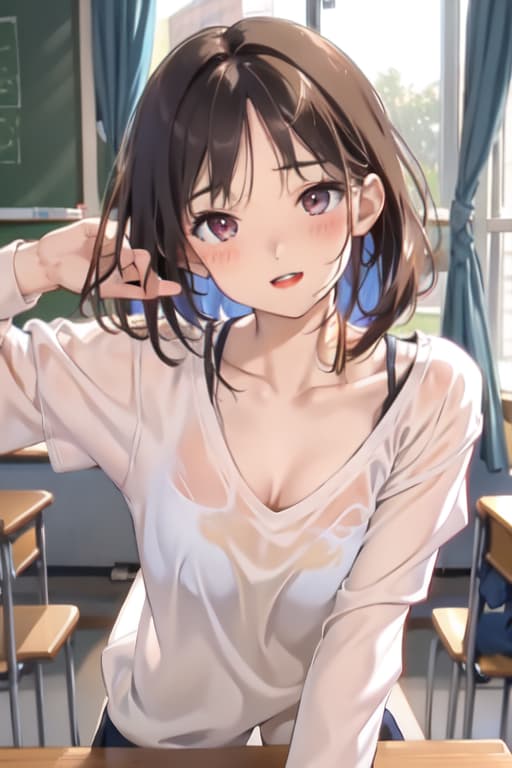  Masterpiece, 1girl, parted lips, blush, makeup, light smile, uniform, classroom, light rays, glow,, collarbone, narrow waist, (masterpiece), wallpaper, sheer shirt, uncensored,bent over table showing round